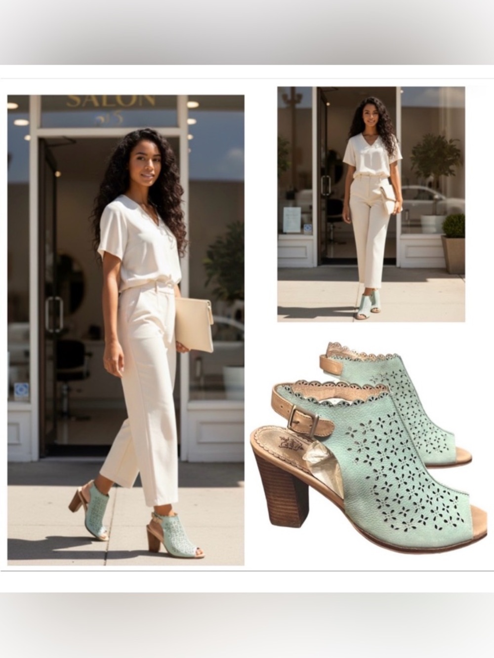 Miss Albright Heels Mules Leather Green Perforated Cutout Details Open Toe  7.5